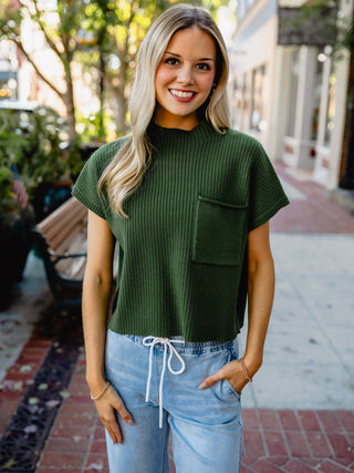 Green drop shoulder pocket sweater