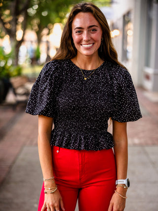 Entro Black polka dot puff sleeve smocked blouse