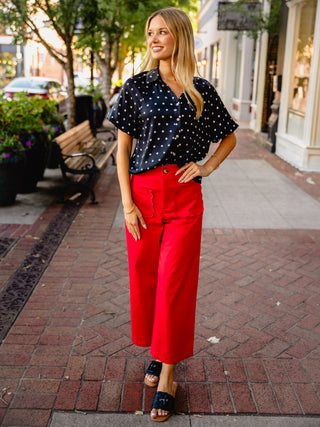 Black polka dot bubble sleeve blouse