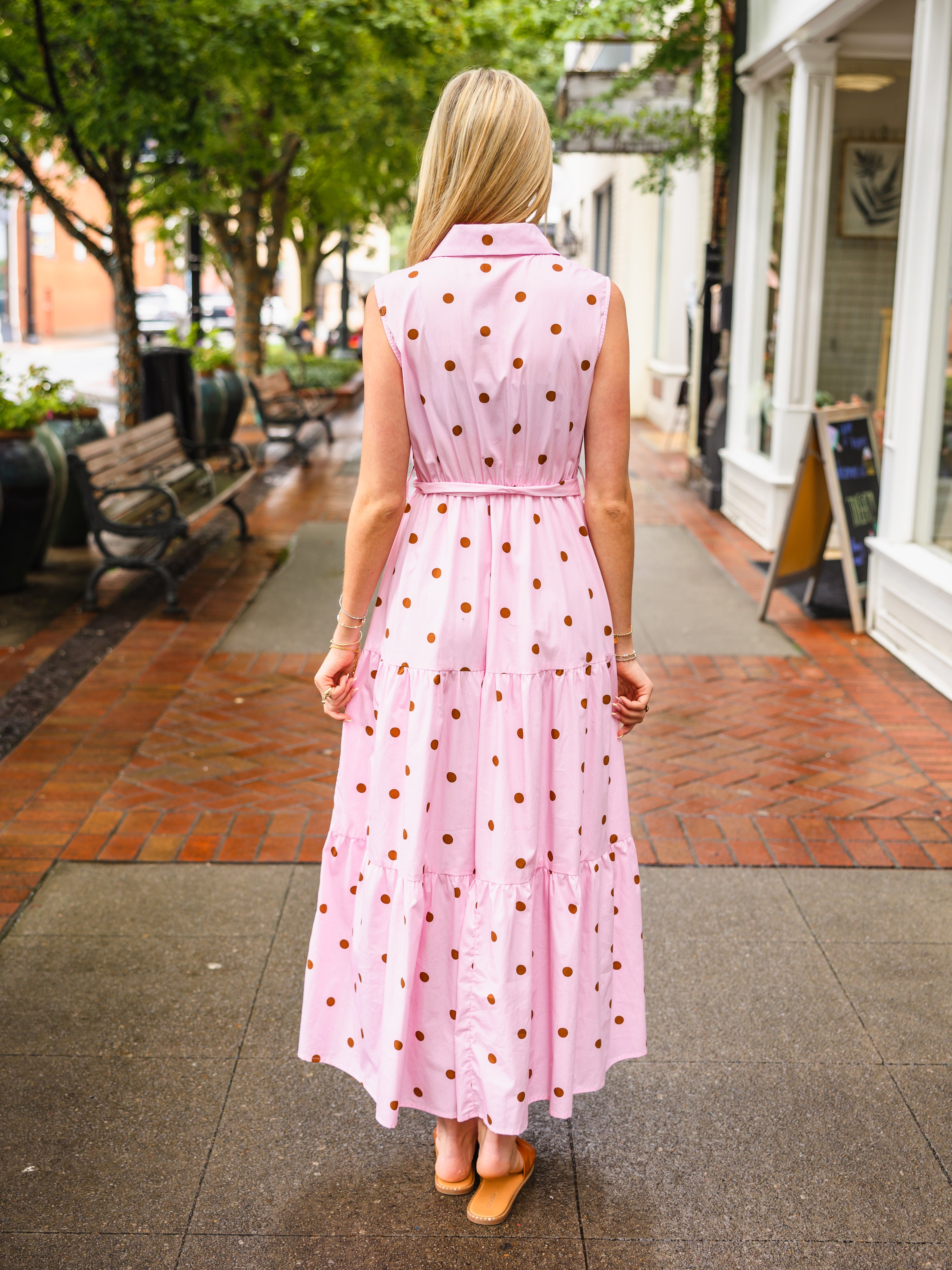Pink & Brown Polka Dot Collared Midi Dress with Self-Tie Belt