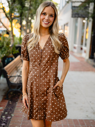 Brown polka dot puff sleeve dress