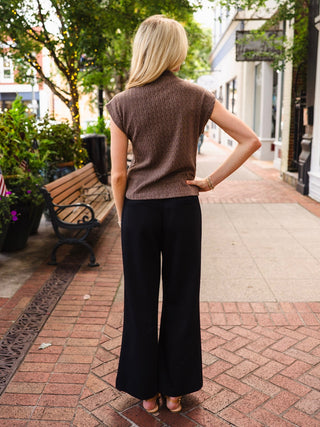 Mocha Textured Cap-Sleeve Mock-Neck Top