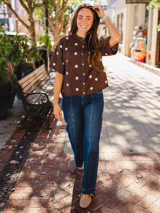 Brown & white polka dot SS cardigan