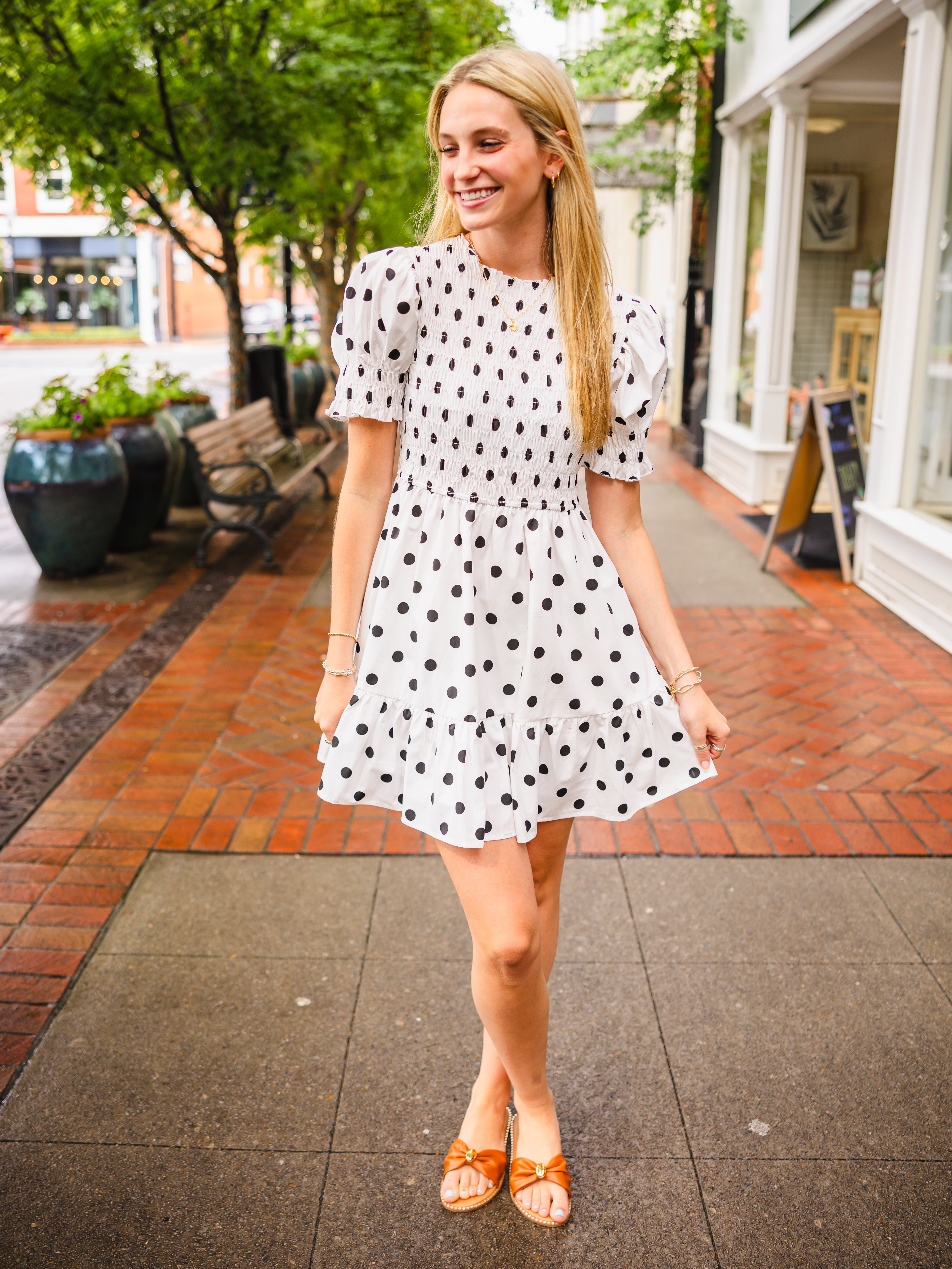 White & Black Polka Dot Puff Sleeve Dress