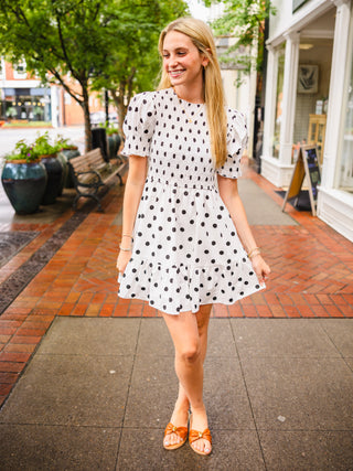 White & Black Polka Dot Puff Sleeve Dress