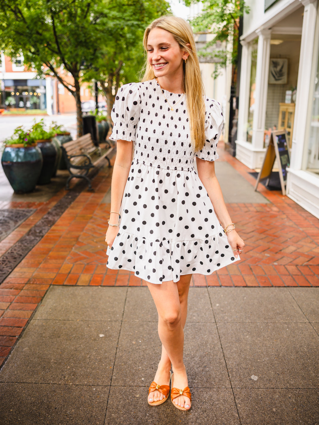 White & Black Polka Dot Puff Sleeve Dress