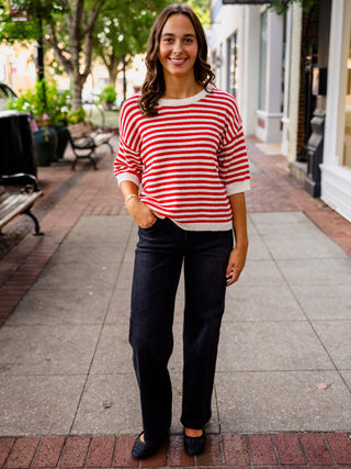 SS Stripe back button sweater