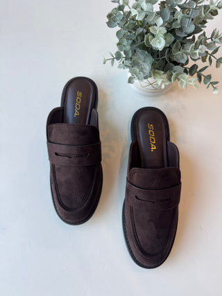 Dark brown faux suede slip on loafers
