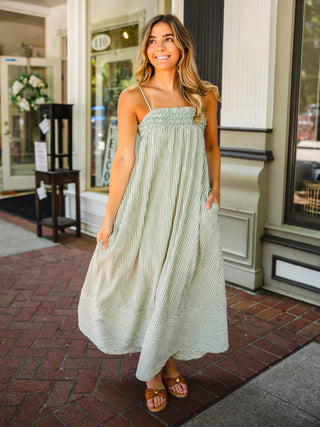 Green Stripe Smocked Flowy Midi Dress