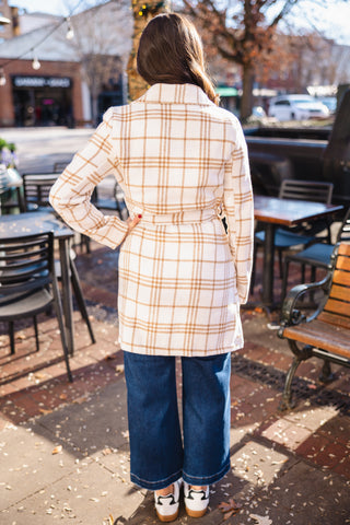 White & taupe plaid coat
