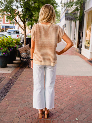 Taupe stripe split neck sweater