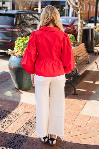 Red balloon sleeve peplum top