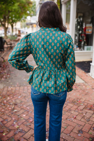Teal print LS peplum top