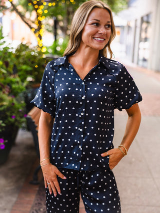 Black polka dot bubble sleeve blouse