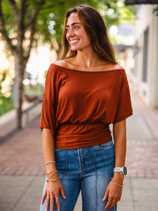 Slouchy off the shoulder ruched top