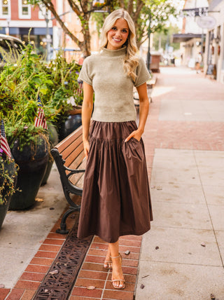 Espresso tiered poplin midi skirt