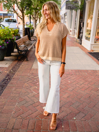 Taupe stripe split neck sweater
