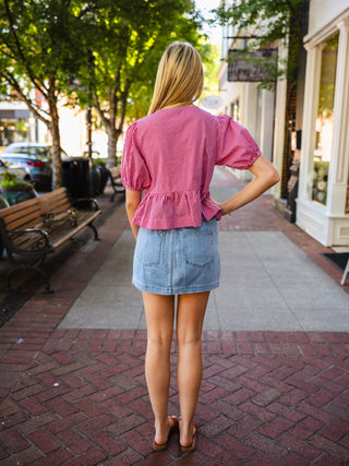 Red Gingham Puff Sleeve Peplum Top