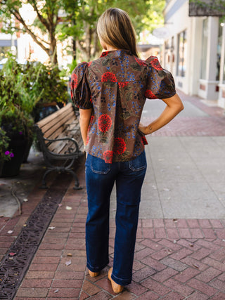 Floral Pintuck Puff-Sleeve Blouse
