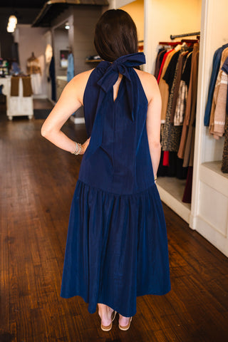 Navy halter neck midi dress
