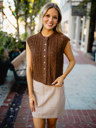 Open knit sleeveless button front top
