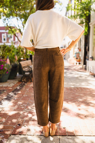 Brown corduroy barrel pants