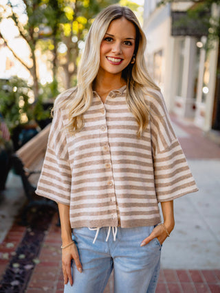 Striped raw edge button front cardigan