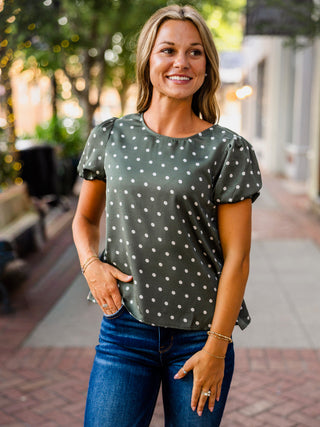 Polka dot puff sleeve peplum blouse