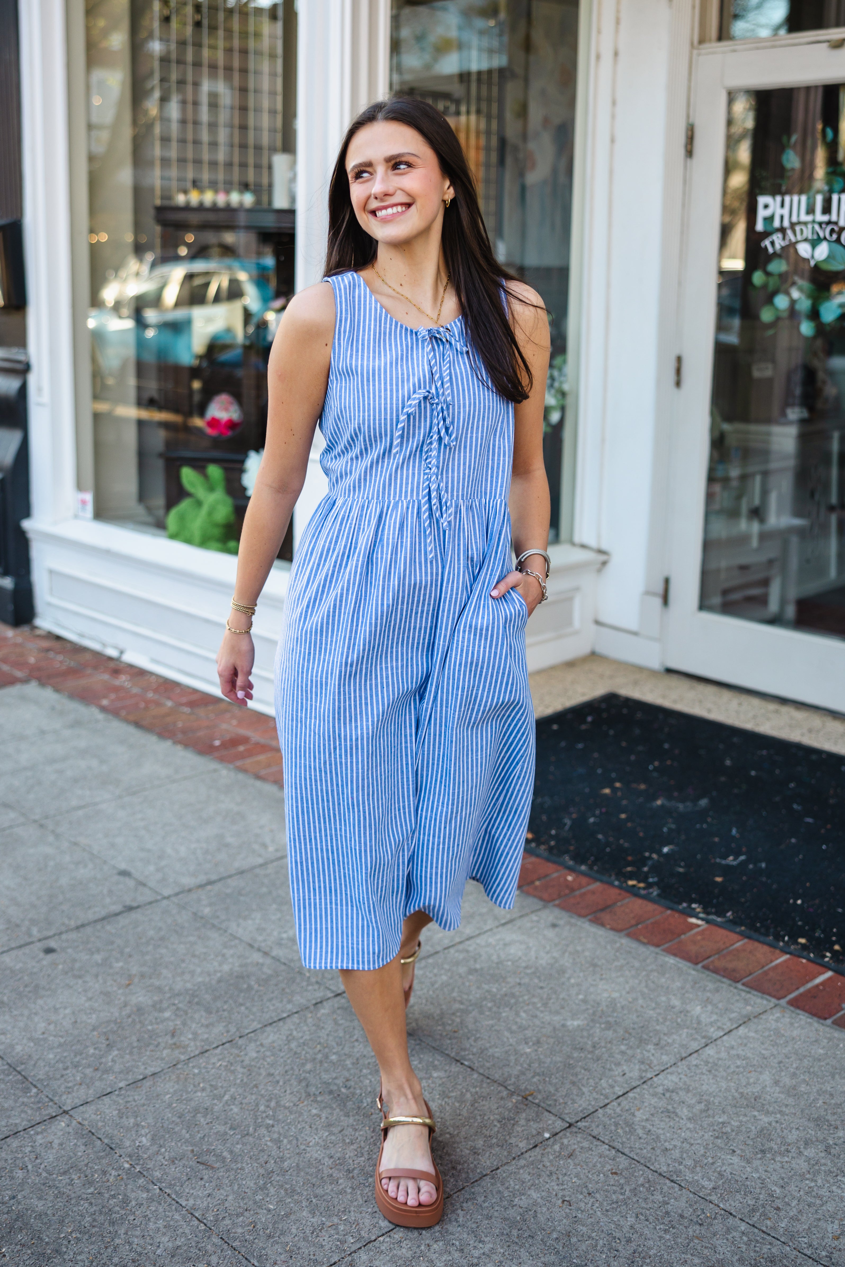 Denim blue striped tie front midi dress MEDIUM