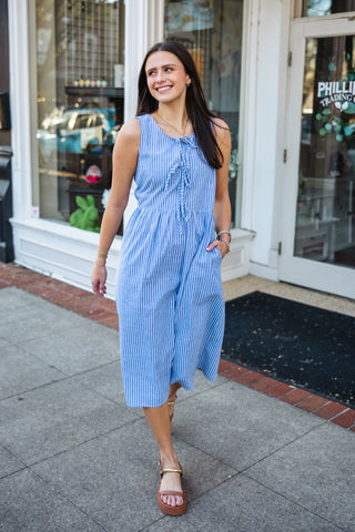 Denim blue striped tie front midi dress
