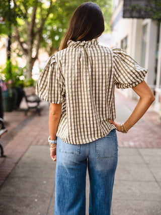 Olive check short puff sleeve blouse