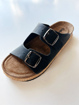 Black double strap slip on sandal
