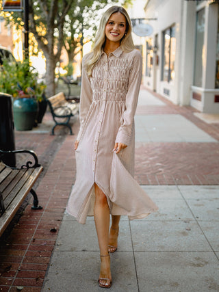 Brown striped LS shirred midi dress
