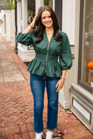 Sea green smocked zip front top
