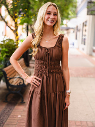 Dark Brown Shirred-Waist Tie-Front Midi Dress
