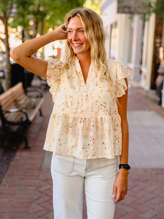 Floral print ruffle sleeve blouse