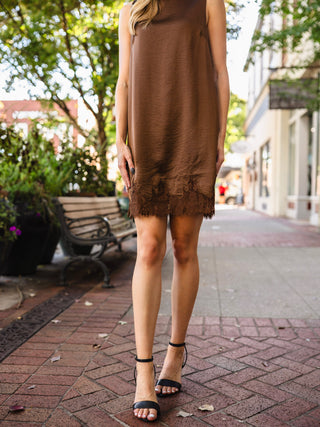 Dark Brown Lace-Trim Satin Shift Dress