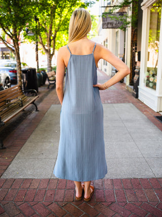 Dusty Blue Pinstripe Linen Blend Dress