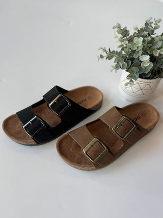 Two strap buckle slide sandal