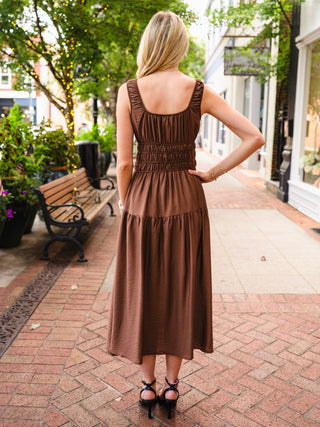 Dark Brown Shirred-Waist Tie-Front Midi Dress