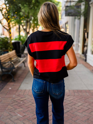 Red & black striped cap sleeve top
