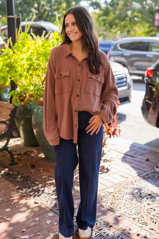 Chestnut waffle button up shacket