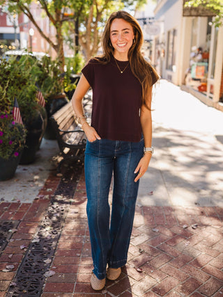 Brown rib textured short sleeve top