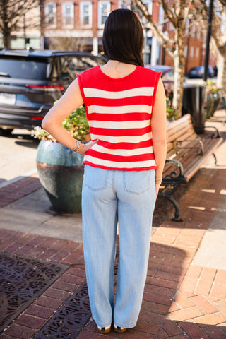 Red & white stripe sleeveless cardigan