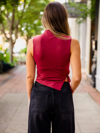Burgundy mock neck strappy detail tank