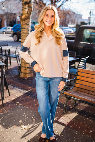 Taupe & navy rugby LS pullover
