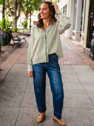 Olive striped LS button down top