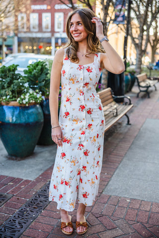 Ivory multi floral print midi dress