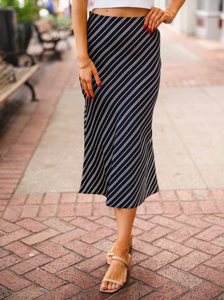 Black striped satin midi skirt