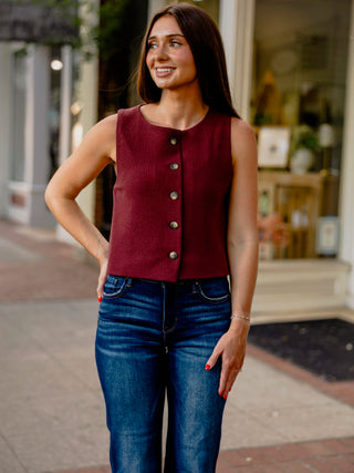 Burgundy sleeveless button up top